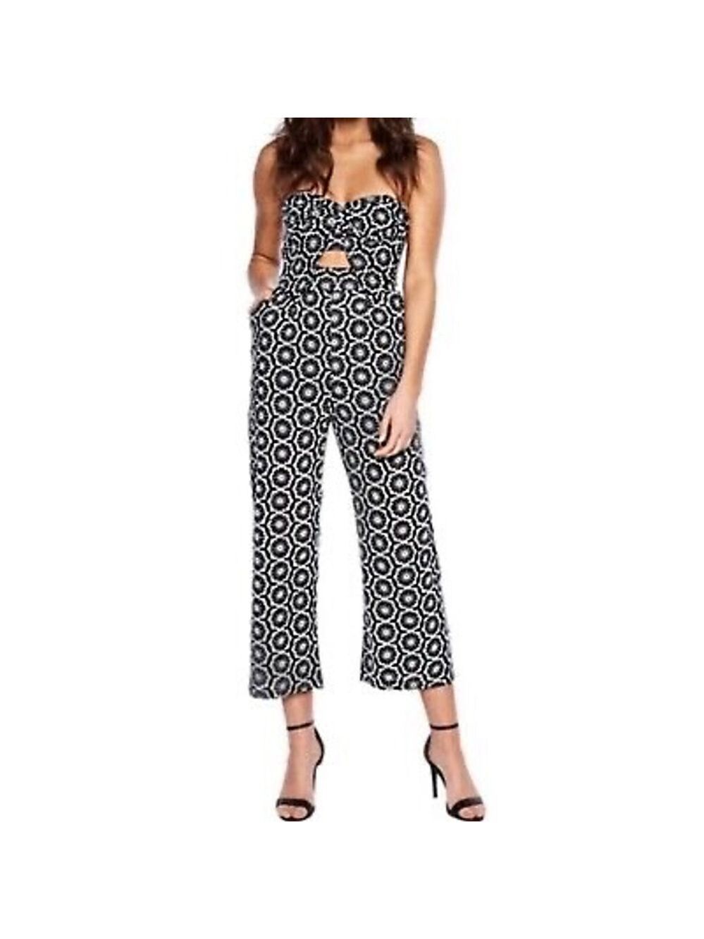 Women's Bardot Jumpsuit Size 8/M Black White Floral Strapless